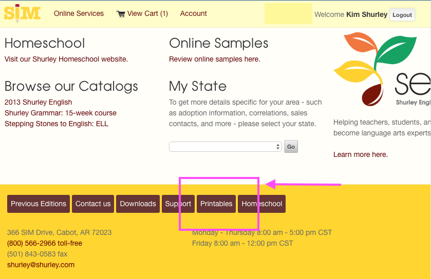   Step 3:   Scroll down to the bottom of the homepage.  Click the PRINTABLES button. 